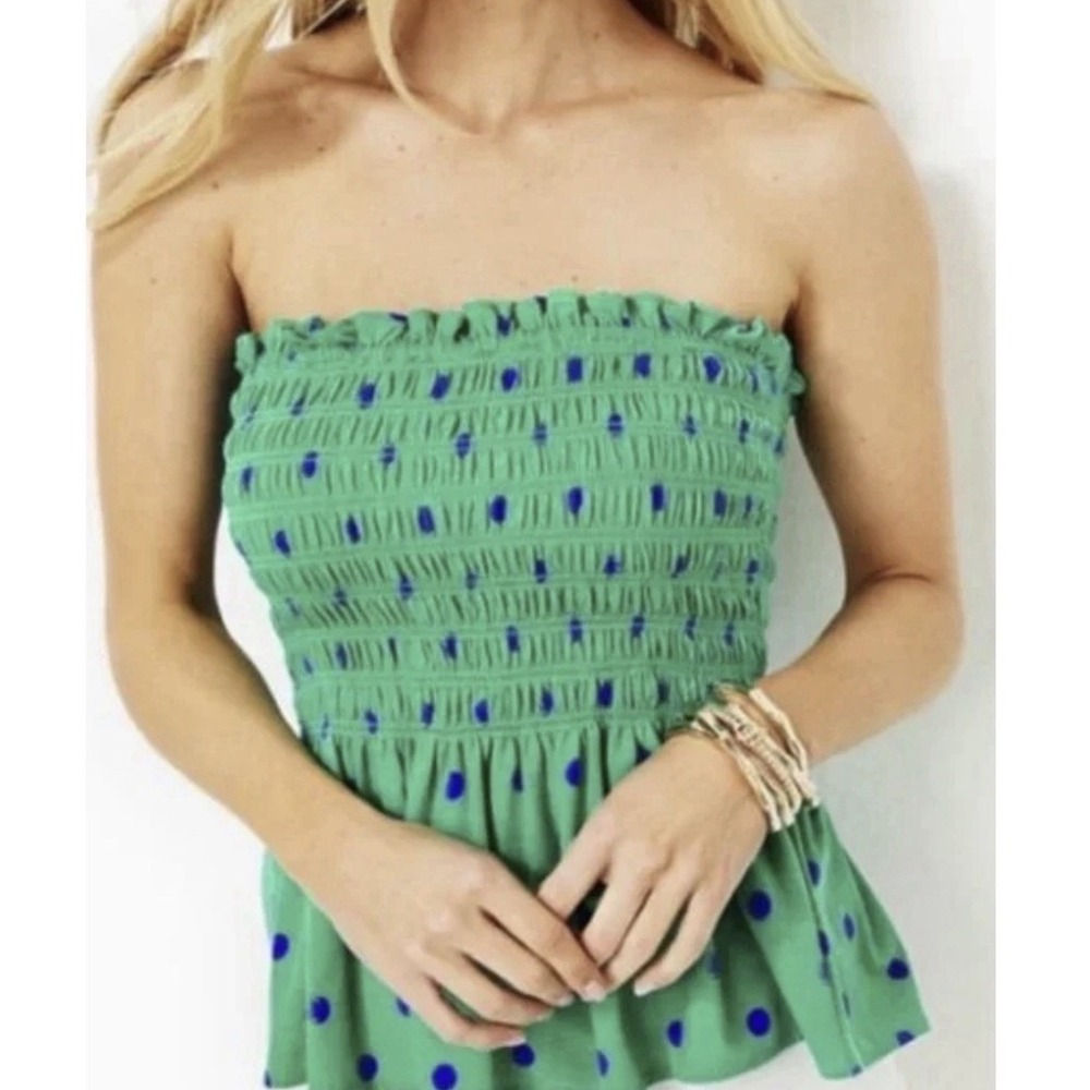 Lilly Pulitzer Jadis Tube Top S Green‎ Blue Smocked Polka Dot Stretch